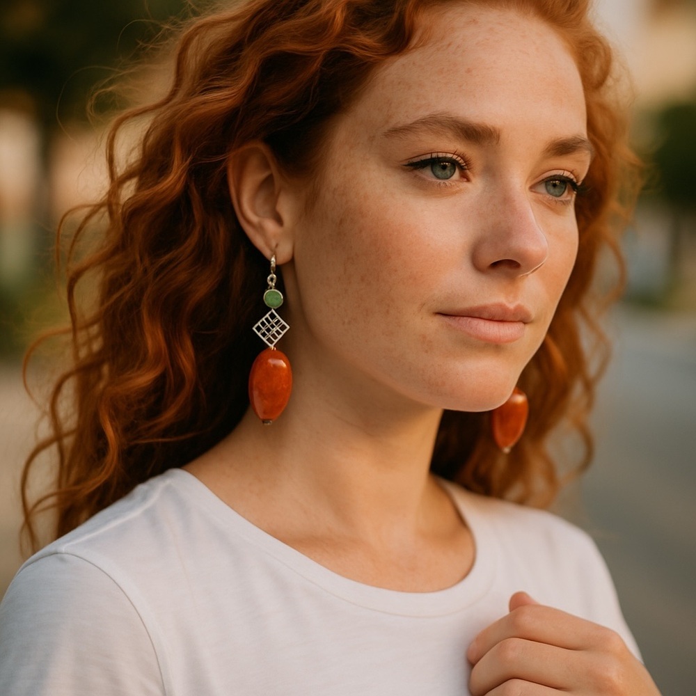 Celtic Style Earrings with Jadite and Snakeskin Agate - Picture 1 of 7
